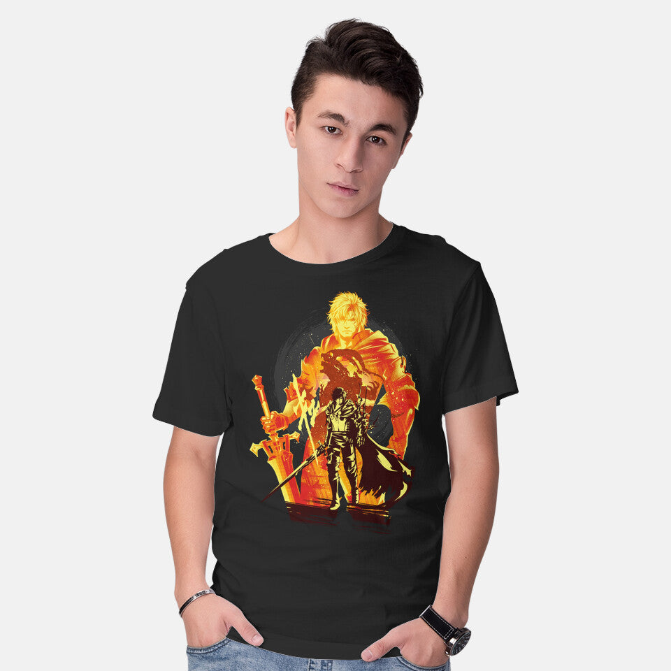 Model wearing black Shield Of Rosaria – Gaming Graphic T-Shirt