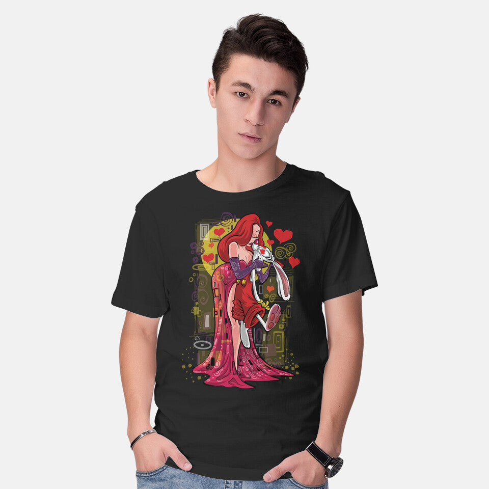 Model wearing black Animated Kiss – Fantasy Graphic T-Shirt