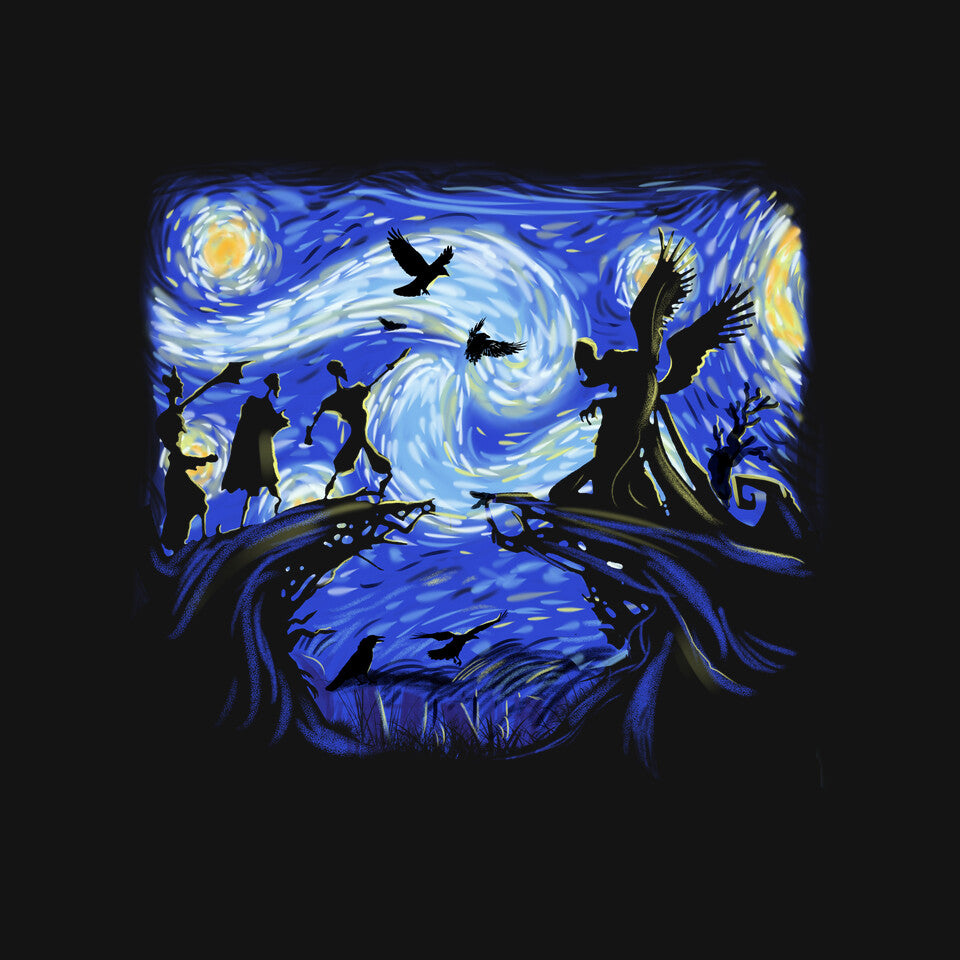 Deathly Hallow Starry Night – Fantasy Graphic T-Shirt design artwork for black graphic T-shirt