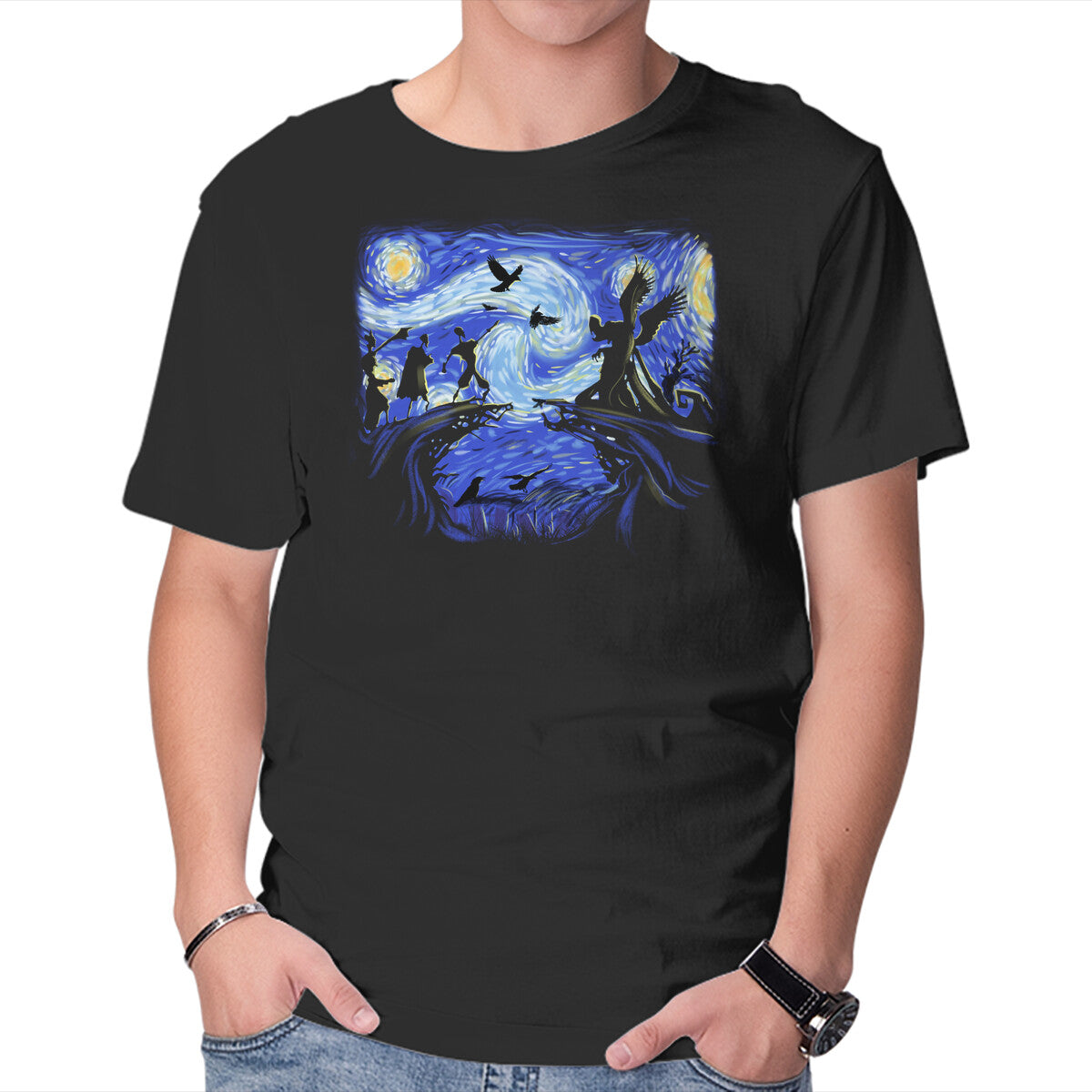 Deathly Hallow Starry Night – Fantasy Graphic T-Shirt in black, product display