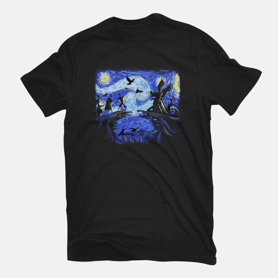 Deathly Hallow Starry Night – Fantasy Graphic T-Shirt in black, flat-lay product view