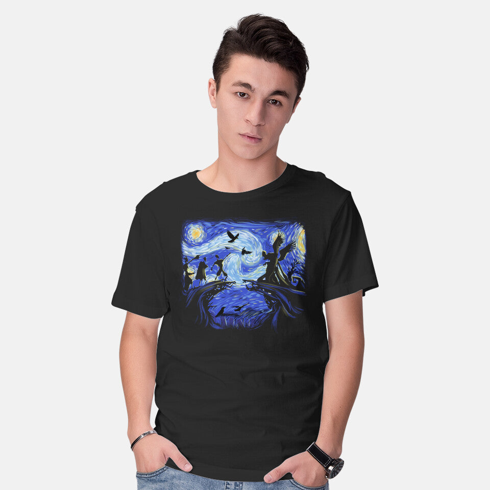 Model wearing black Deathly Hallow Starry Night – Fantasy Graphic T-Shirt