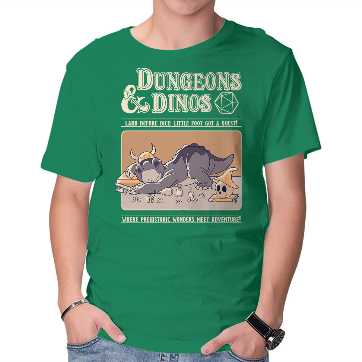Dungeons & Dinos – Movie Graphic T-Shirt in green, product display