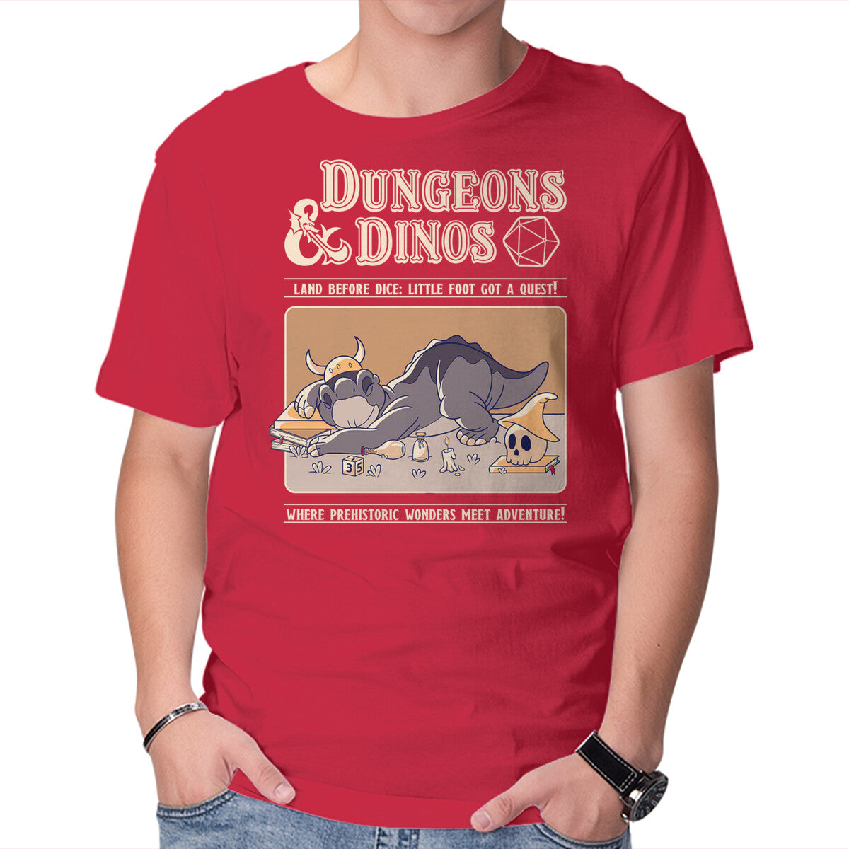 Dungeons & Dinos – Movie Graphic T-Shirt in red, product display