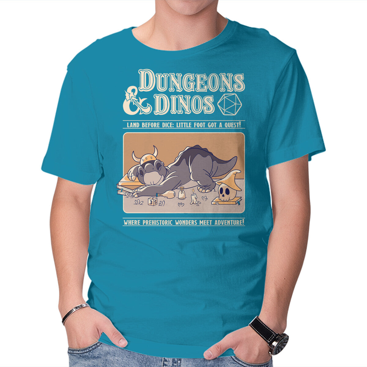 Dungeons & Dinos – Movie Graphic T-Shirt in turquoise, product display