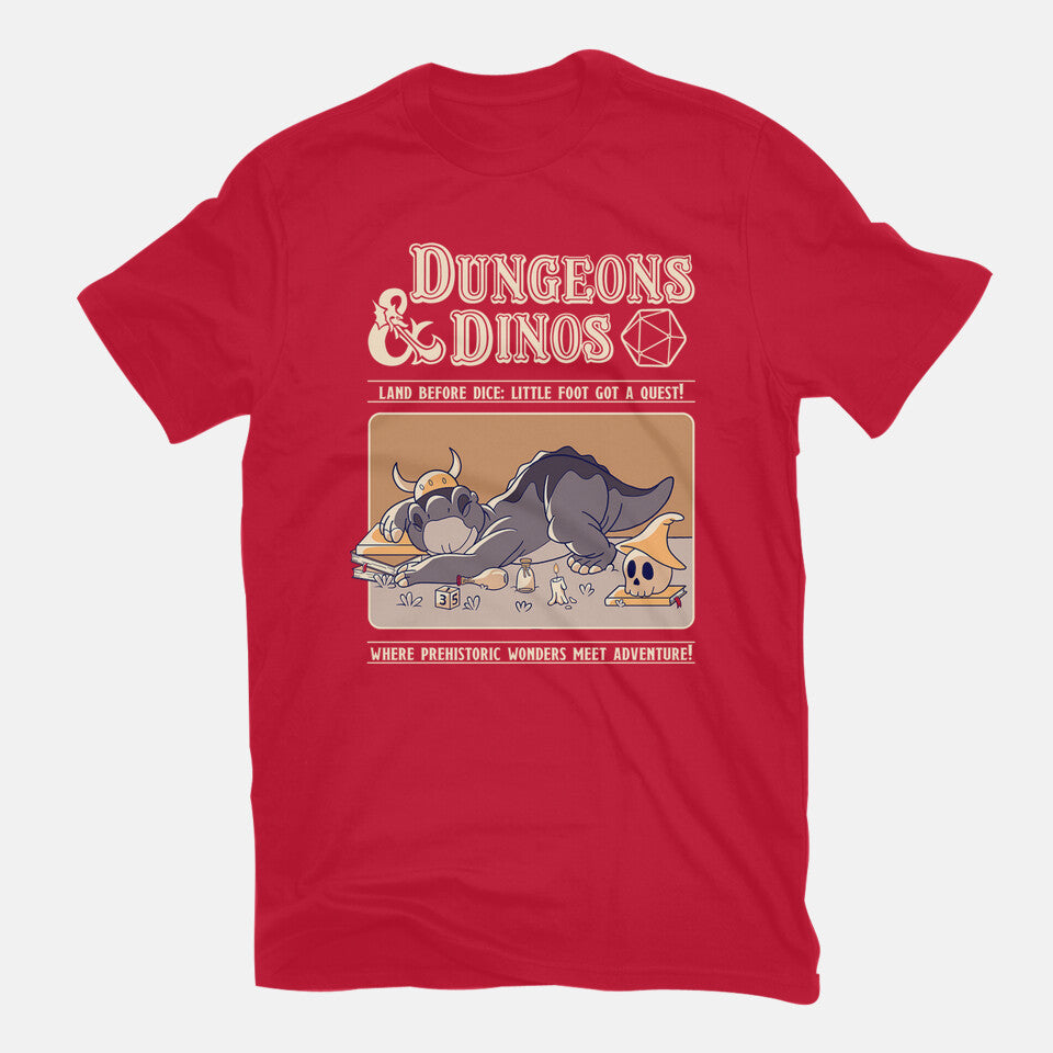 Dungeons & Dinos – Movie Graphic T-Shirt in red, flat-lay product view