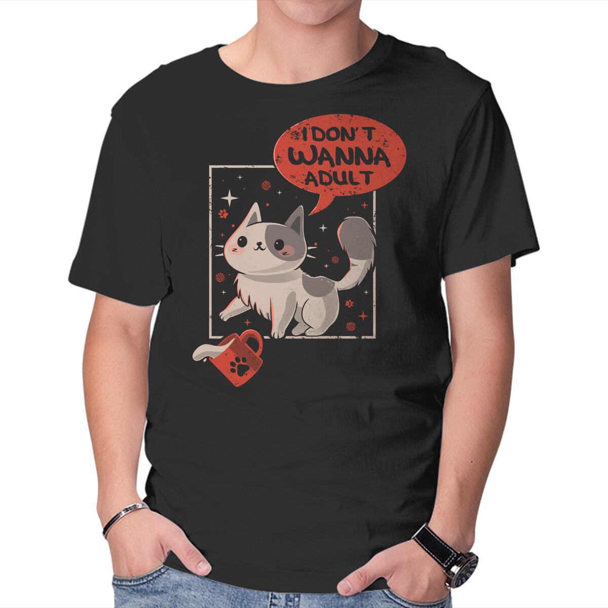 I Don't Wanna Adult – Cat Graphic T-Shirt in black, product display
