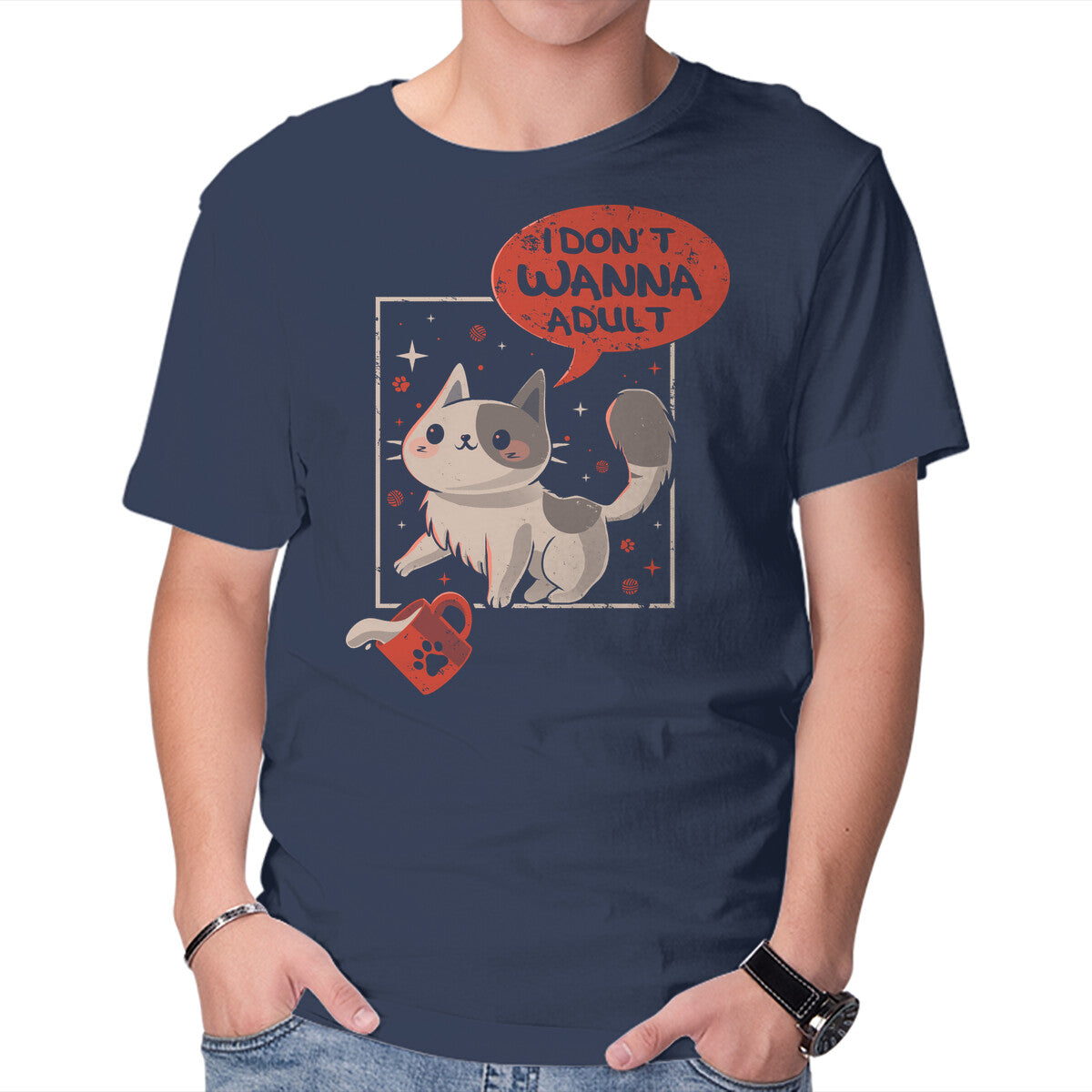 I Don't Wanna Adult – Cat Graphic T-Shirt in navy, product display