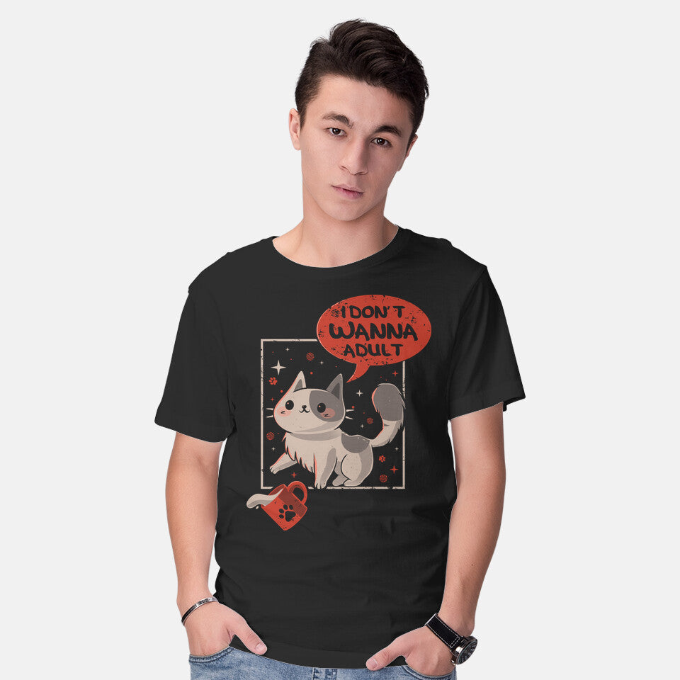 Model wearing black I Don't Wanna Adult – Cat Graphic T-Shirt