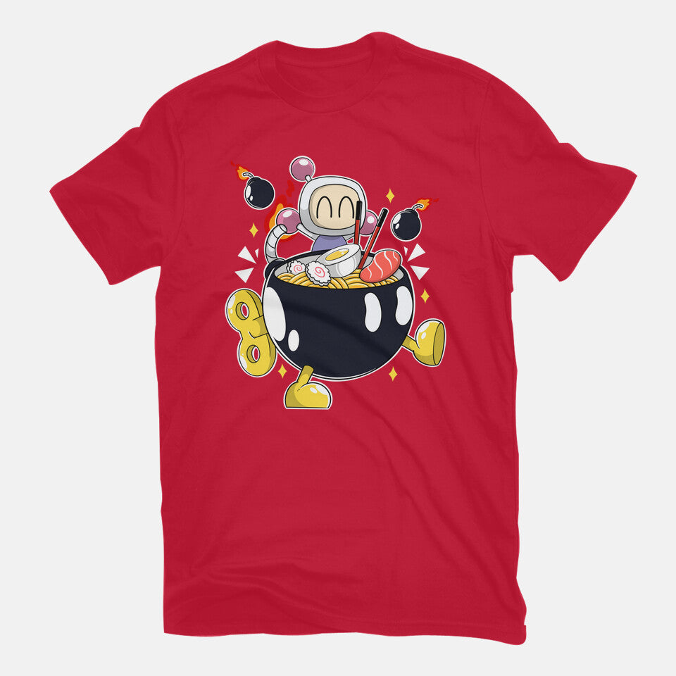 Bomberamen – Gaming Graphic T-Shirt in red, flat-lay product view