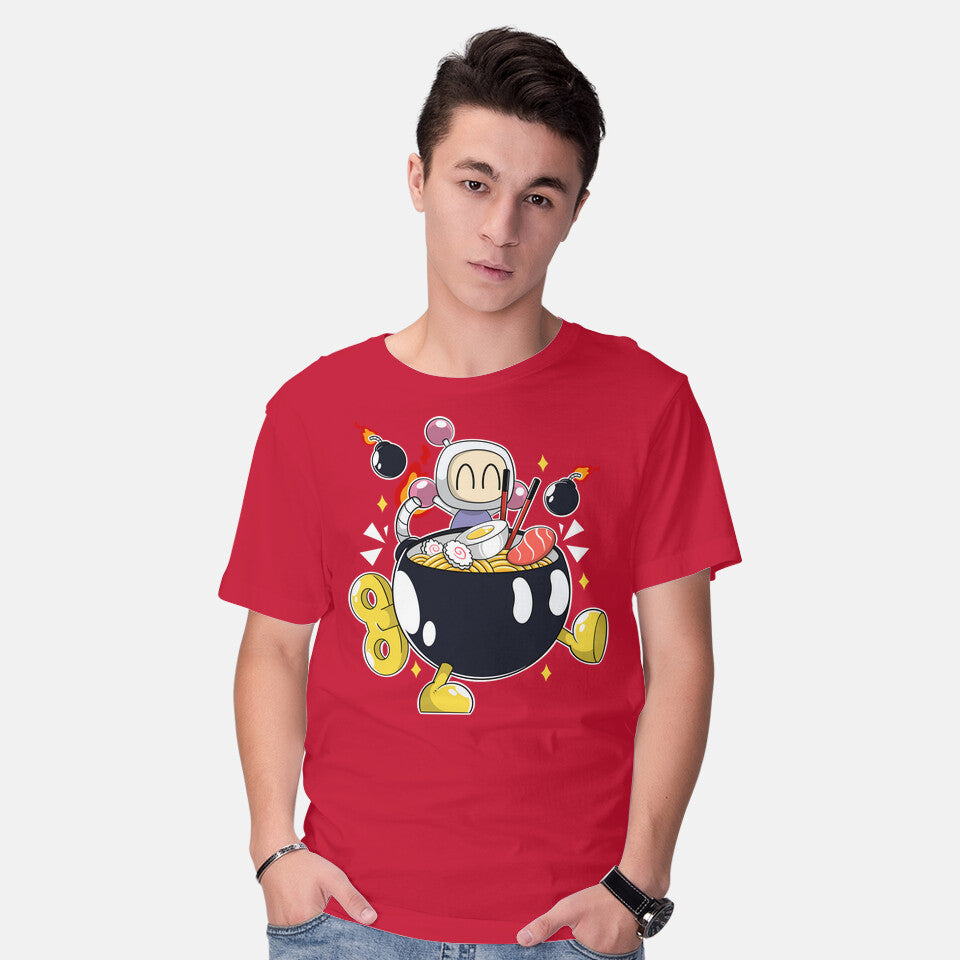 Model wearing red Bomberamen – Gaming Graphic T-Shirt