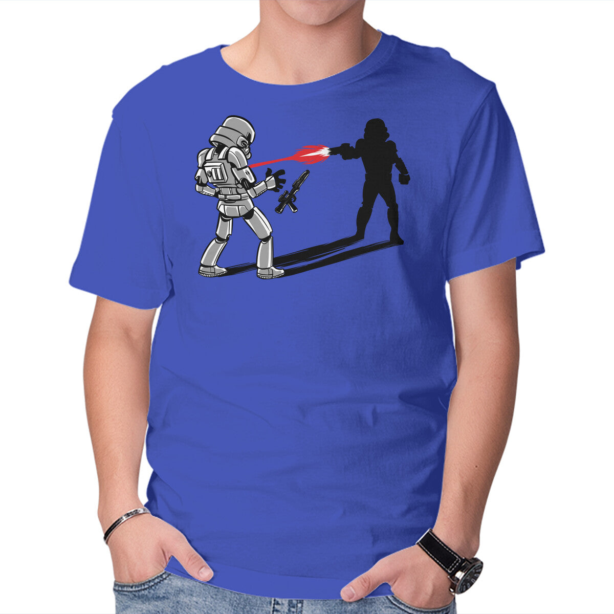 Shadow Battle – Sci-Fi Graphic T-Shirt in royal blue, product display