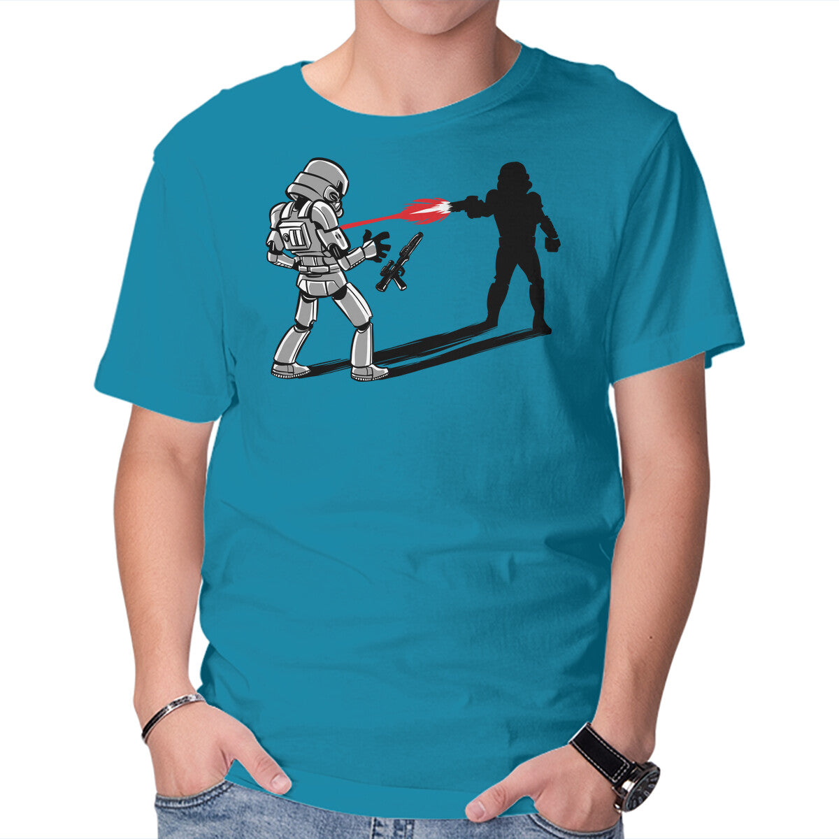 Shadow Battle – Sci-Fi Graphic T-Shirt in turquoise, product display