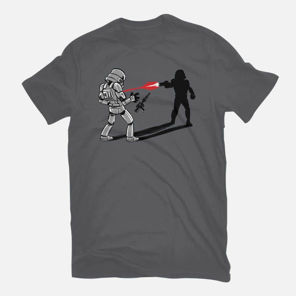Shadow Battle – Sci-Fi Graphic T-Shirt in charcoal, flat-lay product view