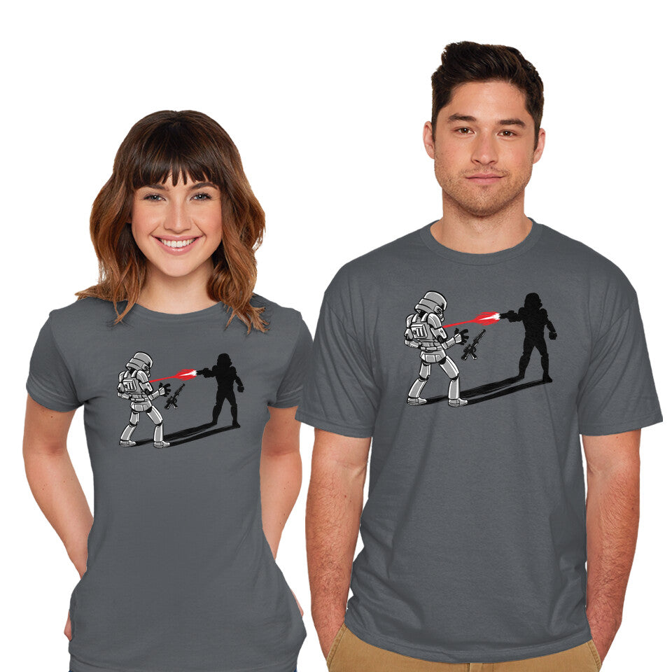 Model wearing charcoal Shadow Battle – Sci-Fi Graphic T-Shirt