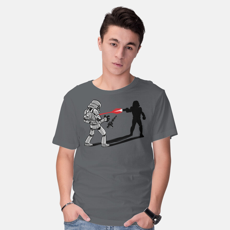 Model wearing charcoal Shadow Battle – Sci-Fi Graphic T-Shirt