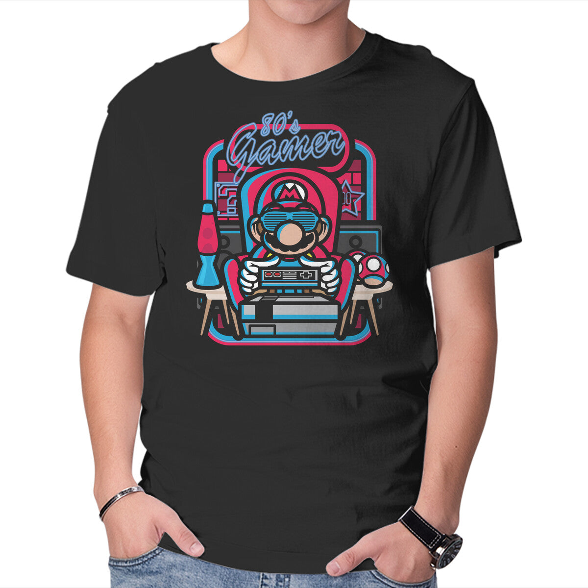80s Gamer Room – Gaming Graphic T-Shirt in black, product display