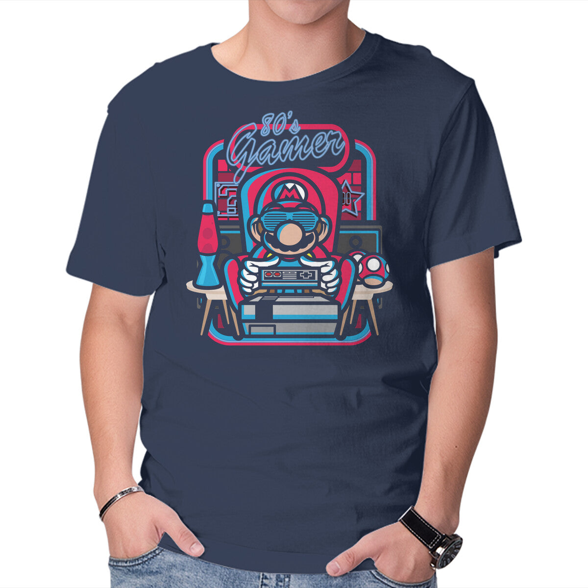 80s Gamer Room – Gaming Graphic T-Shirt in navy, product display