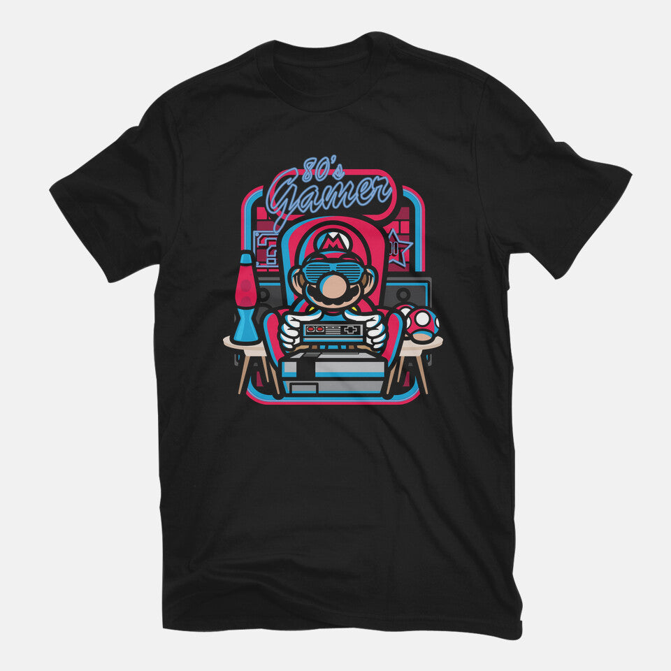 80s Gamer Room – Gaming Graphic T-Shirt in black, flat-lay product view