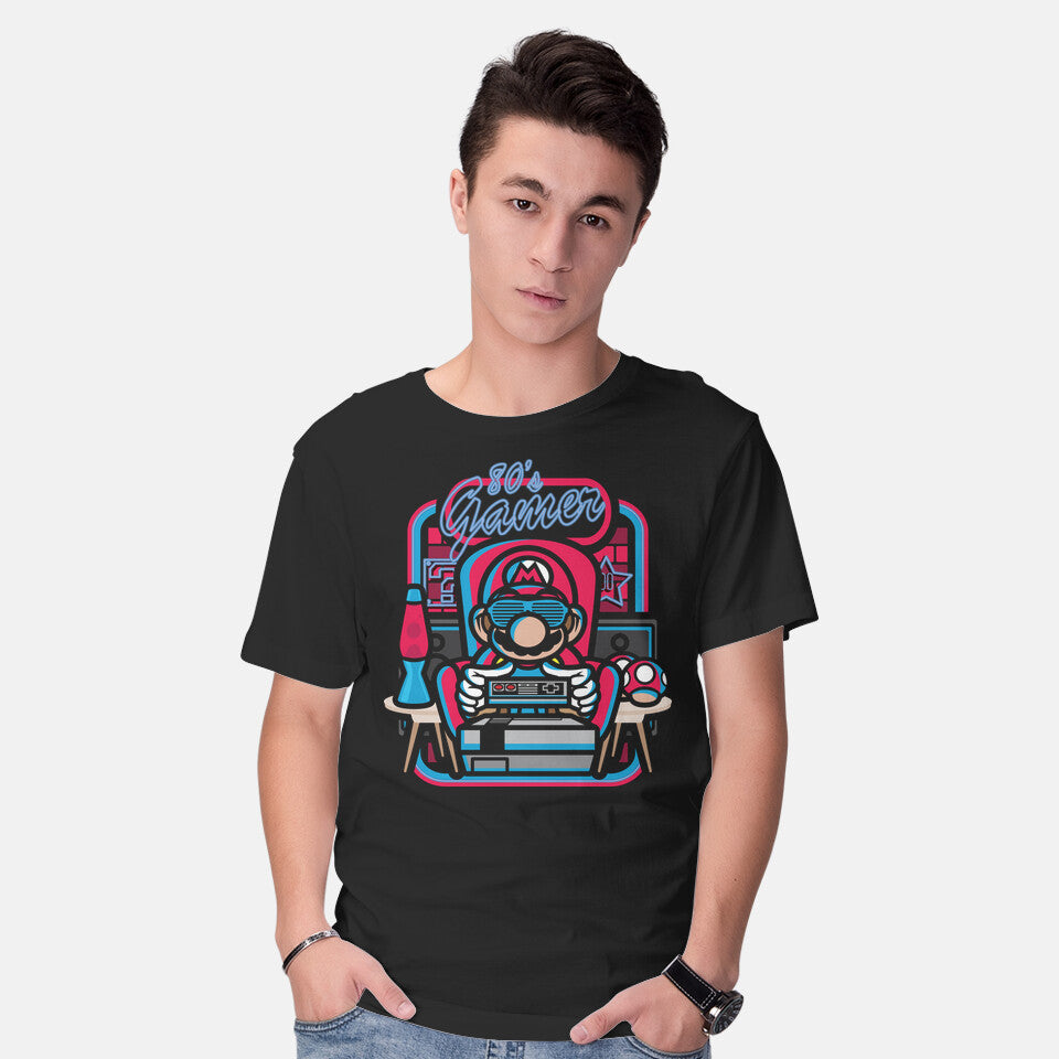 Model wearing black 80s Gamer Room – Gaming Graphic T-Shirt