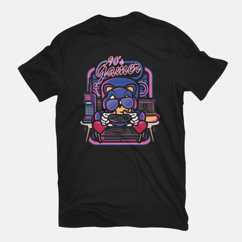 90s Gamer Room – Gaming Graphic T-Shirt in black, flat-lay product view