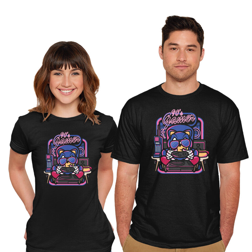 Model wearing black 90s Gamer Room – Gaming Graphic T-Shirt