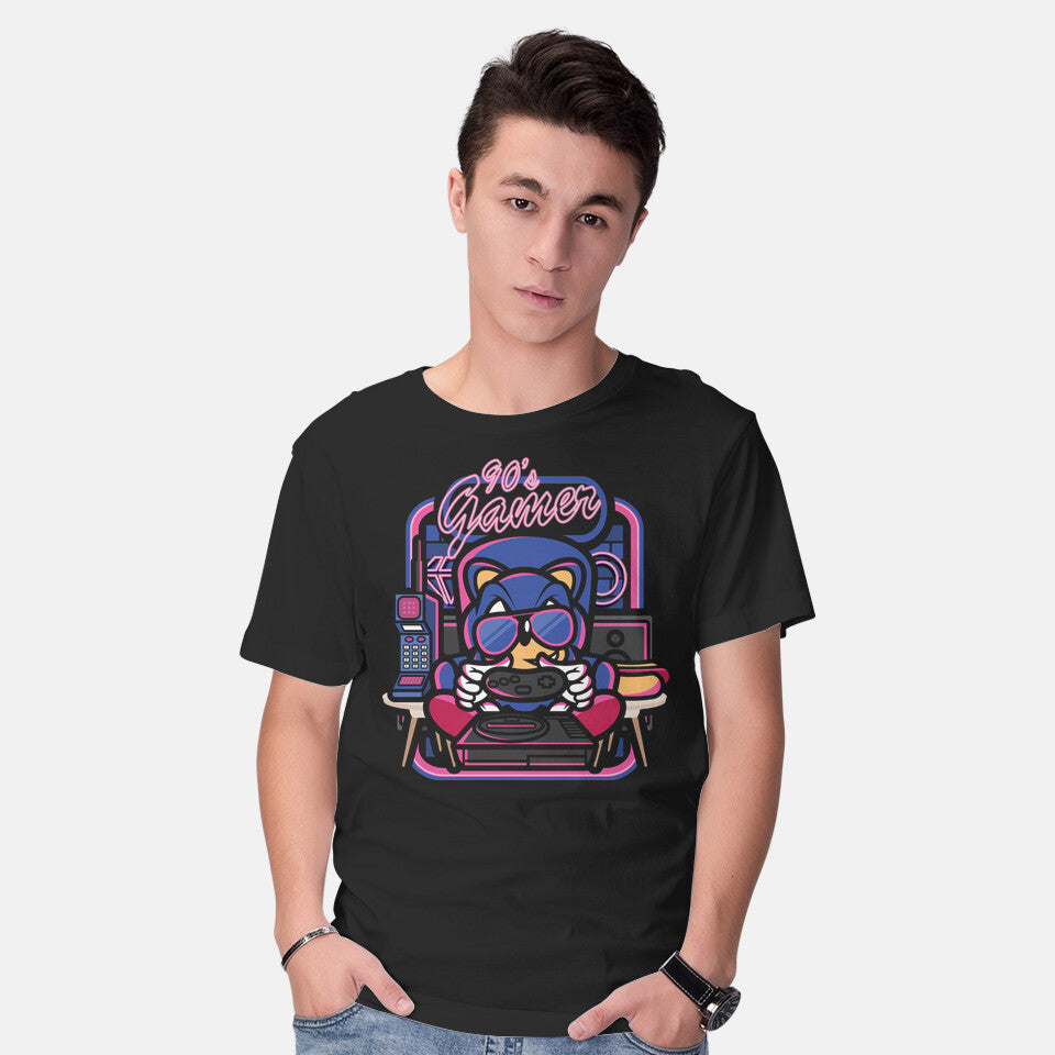 Model wearing black 90s Gamer Room – Gaming Graphic T-Shirt