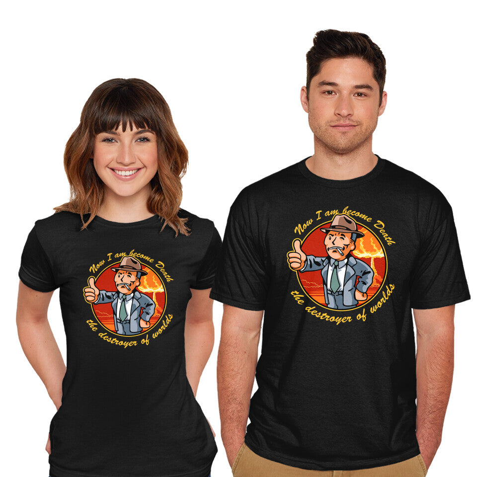 Model wearing black Oppen Boy – Movie Graphic T-Shirt