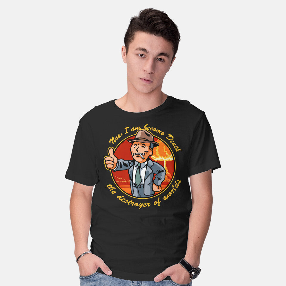 Model wearing black Oppen Boy – Movie Graphic T-Shirt