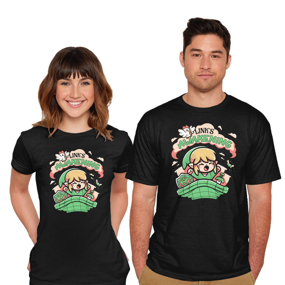 Model wearing black Link's Awakening – Gaming Graphic T-Shirt