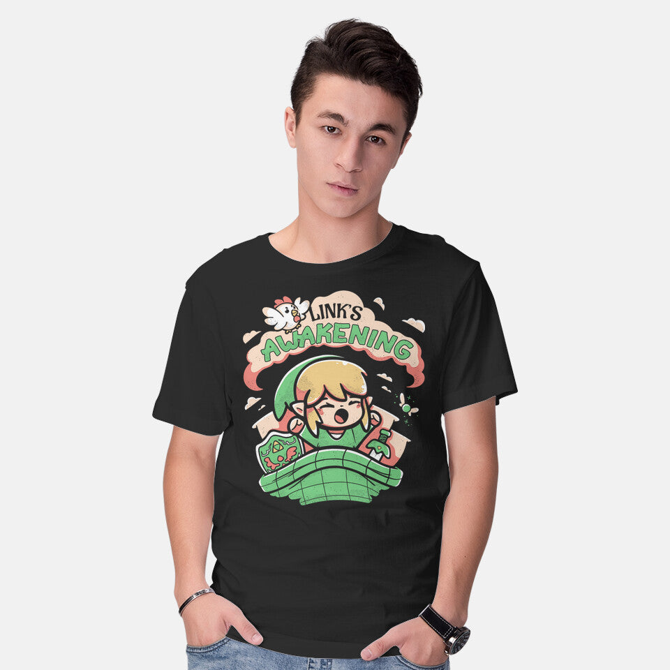 Model wearing black Link's Awakening – Gaming Graphic T-Shirt