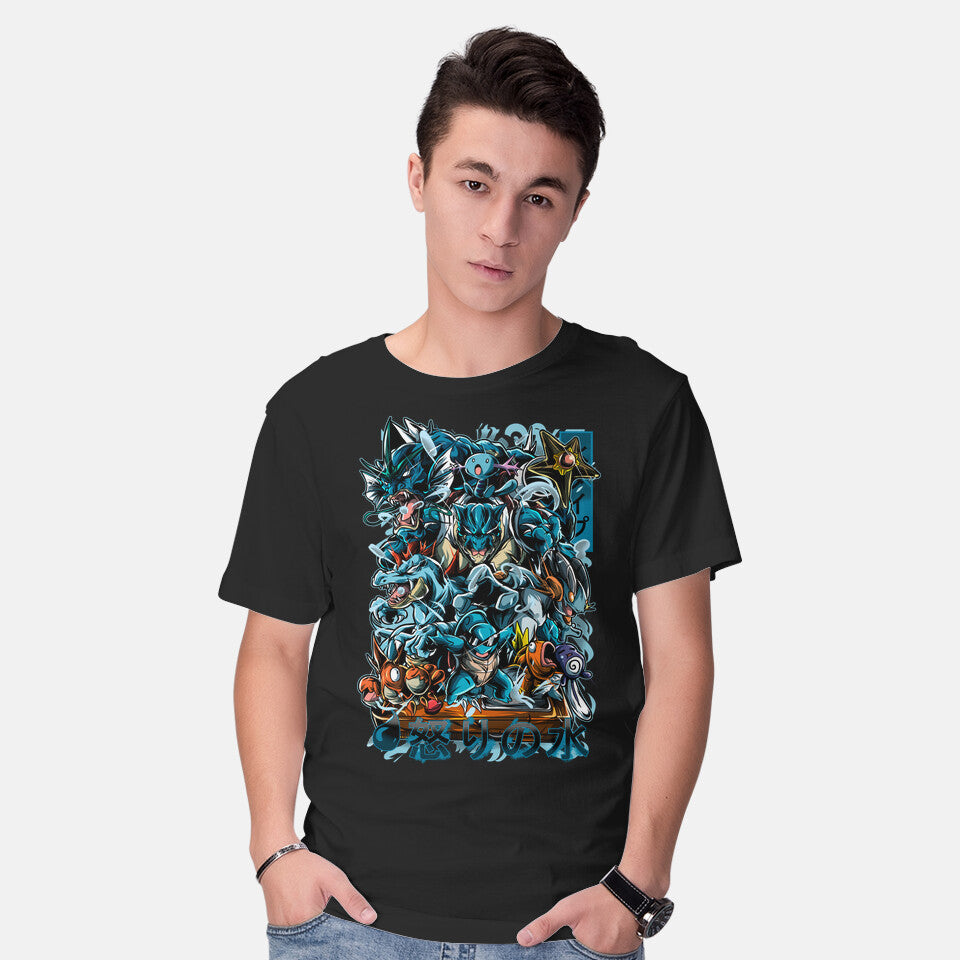 Model wearing black Poke Water – Anime Graphic T-Shirt