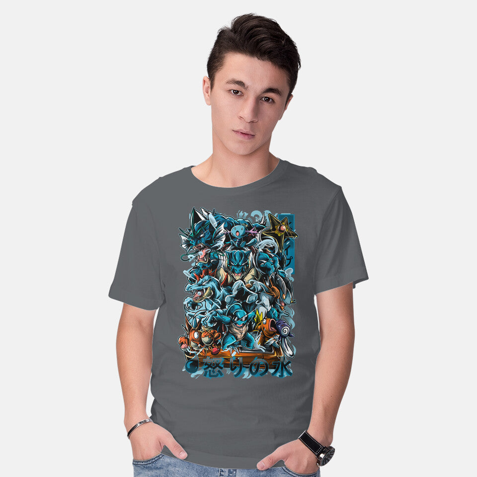 Model wearing charcoal Poke Water – Anime Graphic T-Shirt