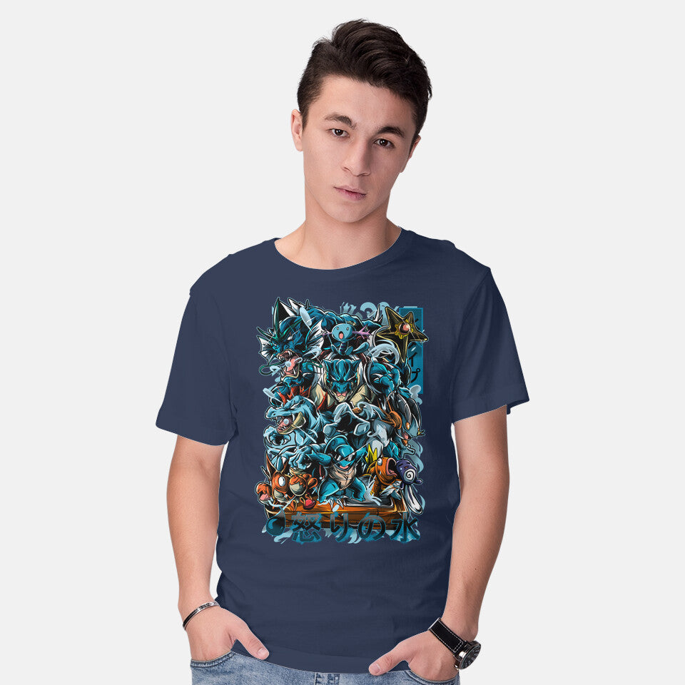 Model wearing navy Poke Water – Anime Graphic T-Shirt