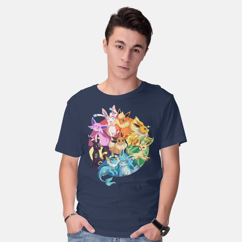 Model wearing navy Eeveelutions – Anime Graphic T-Shirt