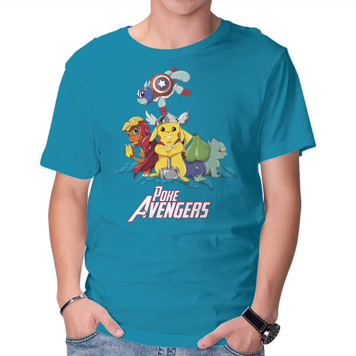 Poke-Avengers – Anime Graphic T-Shirt in turquoise, product display