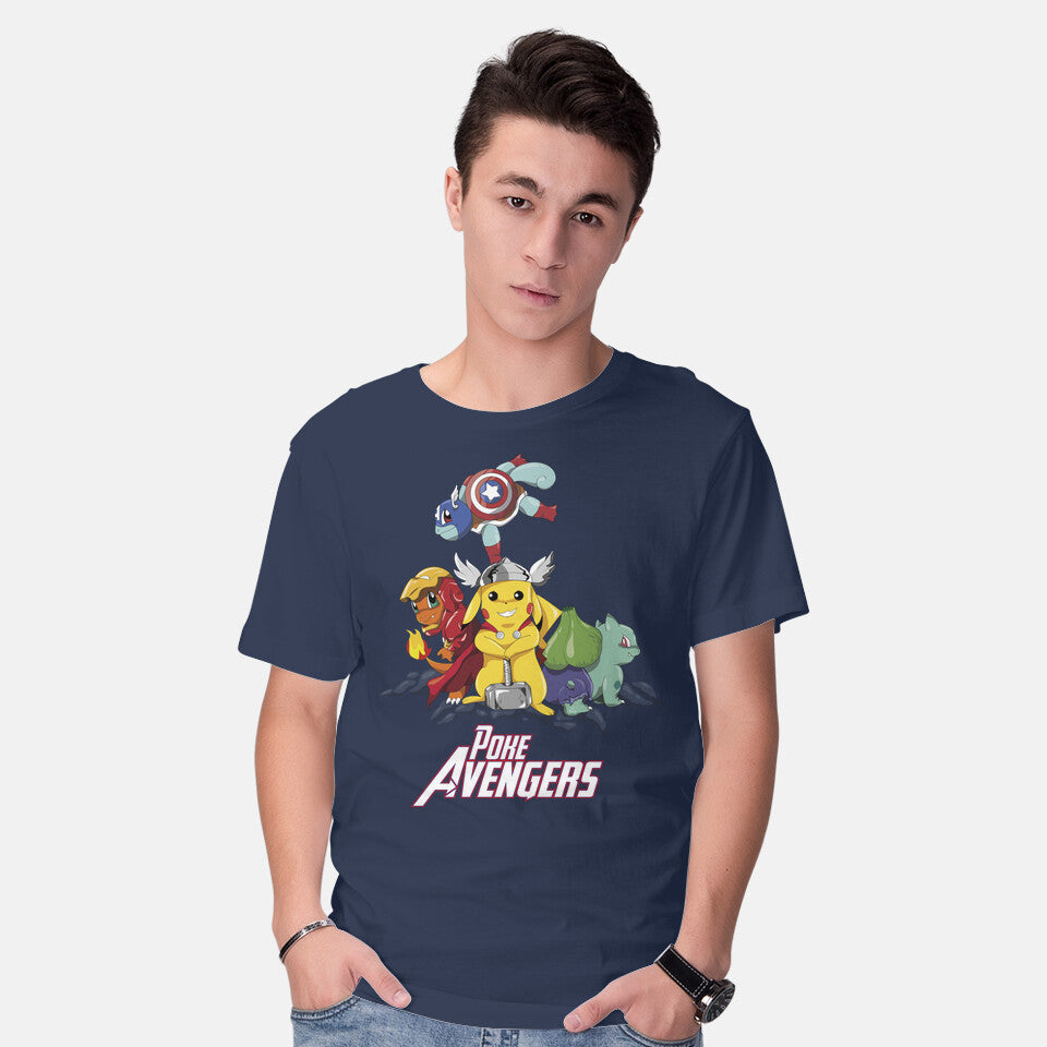 Model wearing navy Poke-Avengers – Anime Graphic T-Shirt