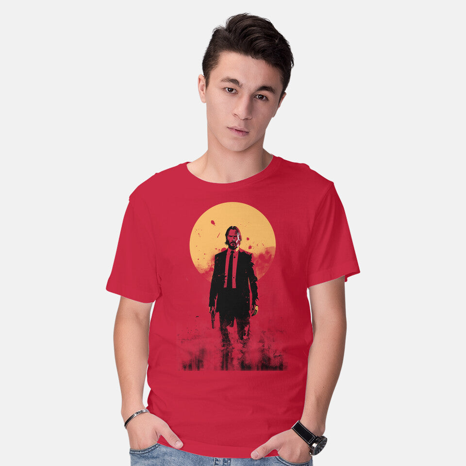 Model wearing red The Boogeyman Under The Sun – Movie Graphic T-Shirt