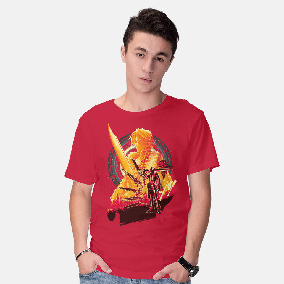 Model wearing red Ultimate Weapon – Gaming Graphic T-Shirt