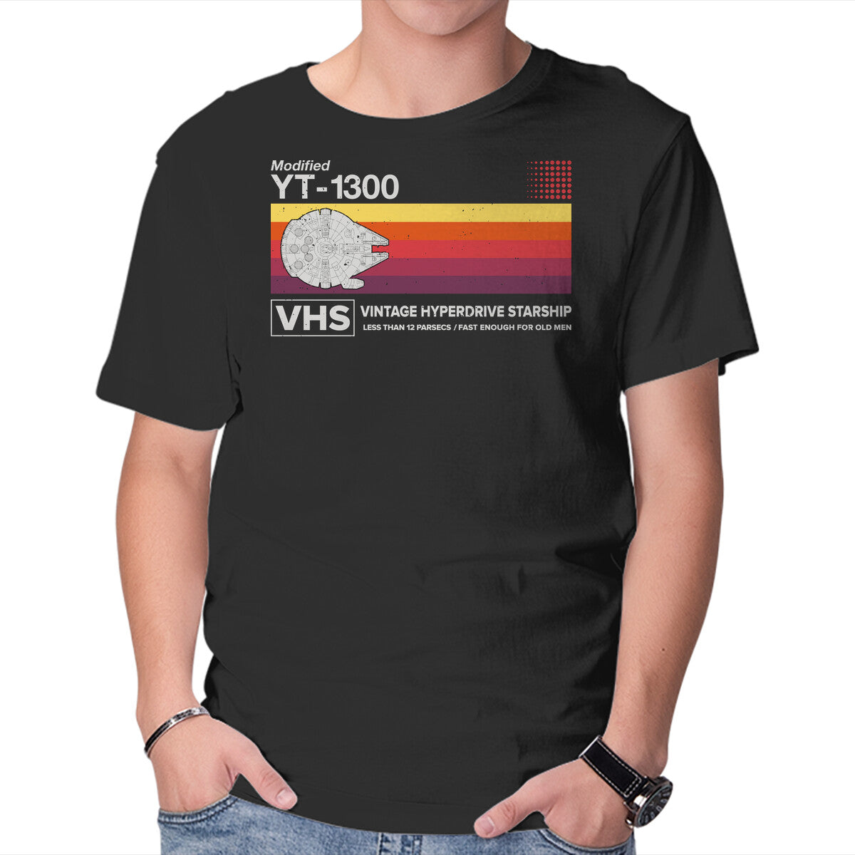 Vintage Hyperdrive Starship – Sci-Fi Graphic T-Shirt in black, product display