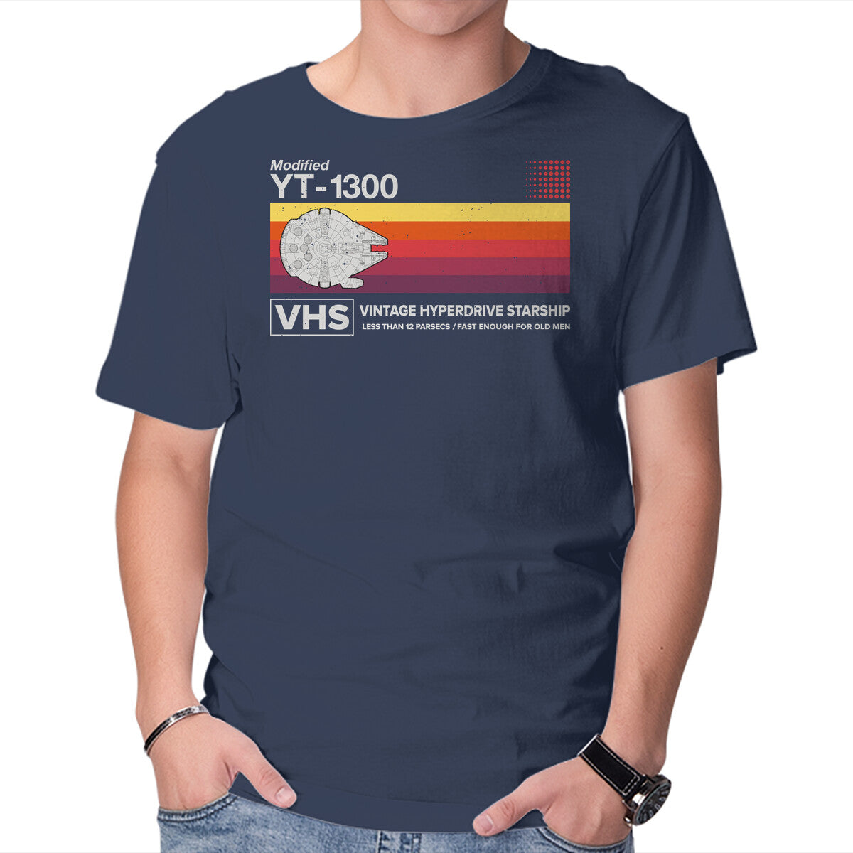 Vintage Hyperdrive Starship – Sci-Fi Graphic T-Shirt in navy, product display