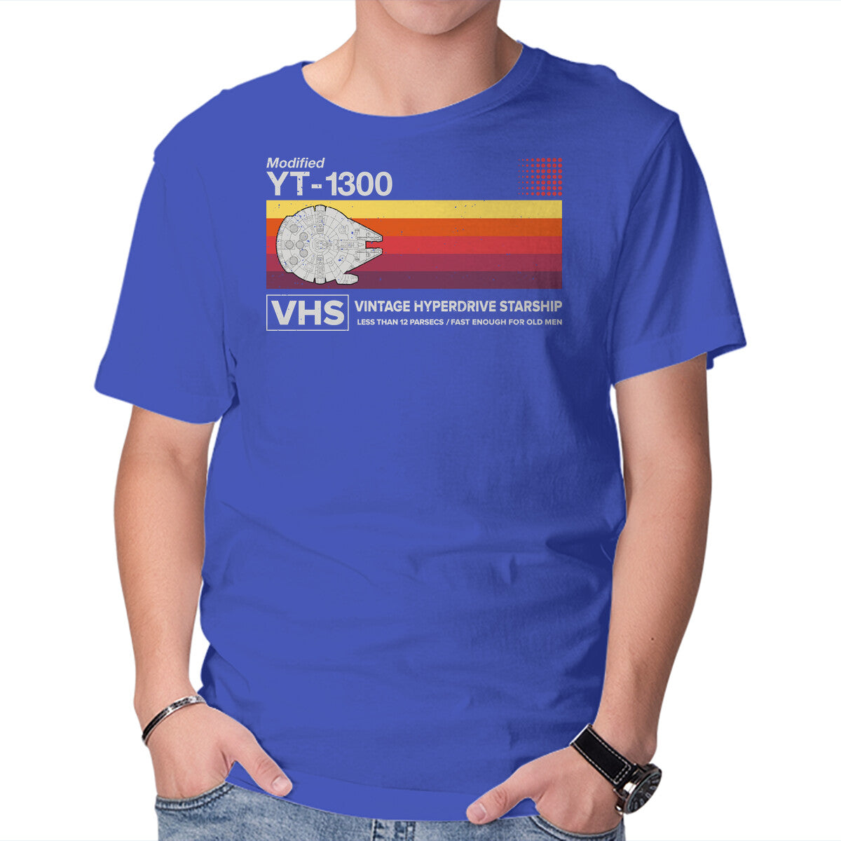 Vintage Hyperdrive Starship – Sci-Fi Graphic T-Shirt in royal blue, product display