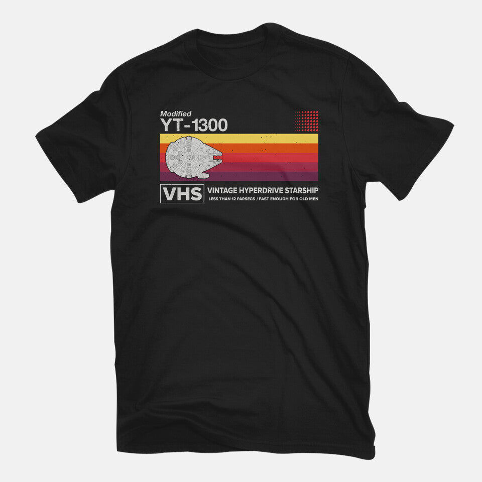 Vintage Hyperdrive Starship – Sci-Fi Graphic T-Shirt in black, flat-lay product view