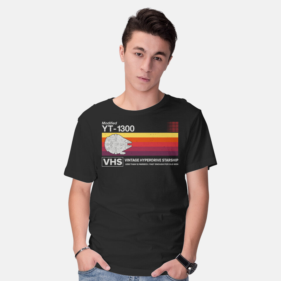 Model wearing black Vintage Hyperdrive Starship – Sci-Fi Graphic T-Shirt