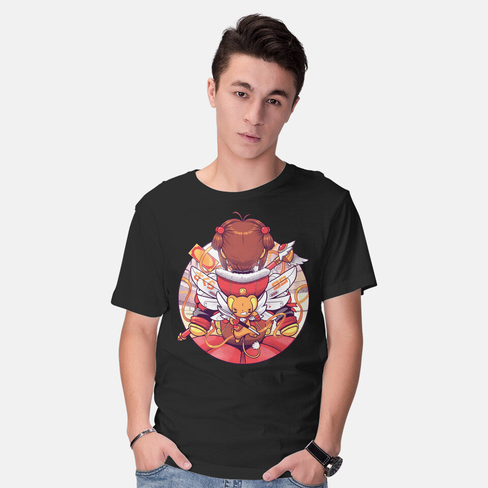 Model wearing black Winter Captors – Anime Graphic T-Shirt