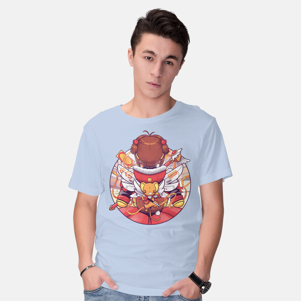 Model wearing blue Winter Captors – Anime Graphic T-Shirt