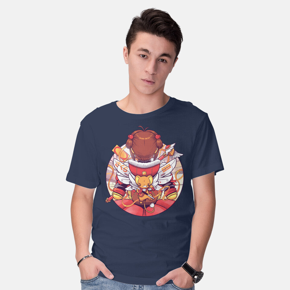 Model wearing navy Winter Captors – Anime Graphic T-Shirt