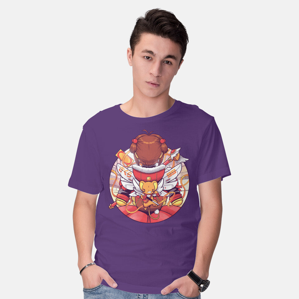 Model wearing purple Winter Captors – Anime Graphic T-Shirt