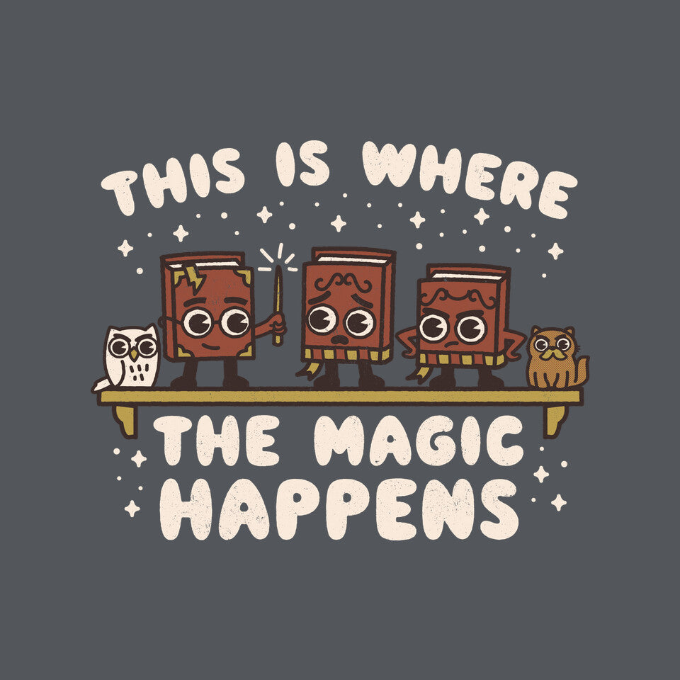 Where The Magic Happens – Cat Graphic T-Shirt design artwork for charcoal graphic T-shirt