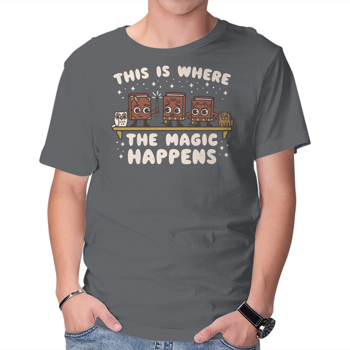 Where The Magic Happens – Cat Graphic T-Shirt in charcoal, product display